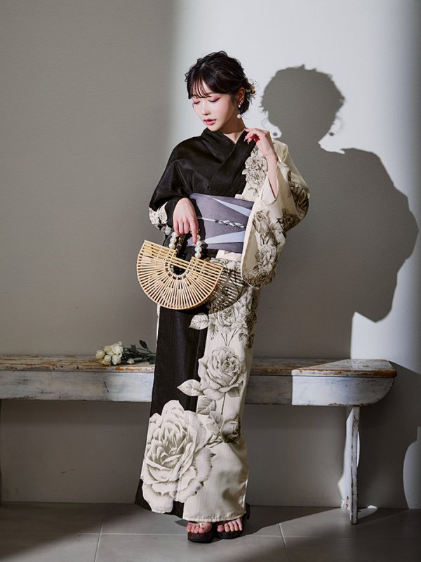 画像12: 【残りわずか！】【即日発送】【Riuコラボ】ツートンカラーローズ浴衣【浴衣３点セット 浴衣/帯/下駄】[YMT]