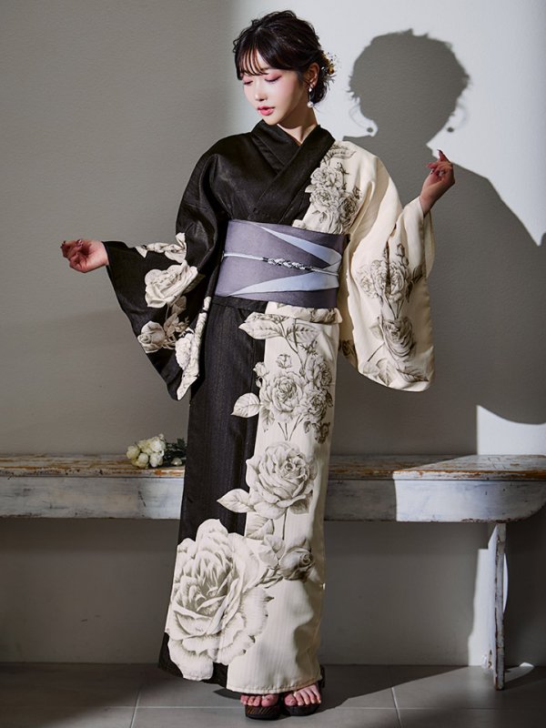 画像4: 【残りわずか！】【即日発送】【Riuコラボ】ツートンカラーローズ浴衣【浴衣３点セット 浴衣/帯/下駄】[YMT]