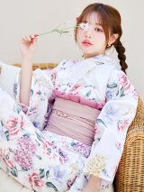 【浴衣】白地×ボタニカル牡丹浴衣【浴衣３点セット 浴衣/帯/下駄】OBI-siwa-200-kj-8-P / HIMO-900-yn-8-P / YA-943-kj-BAKEDP / HEKO-800-sb-1-BAKEDP / GETA-02-ok-7-R [YMT]