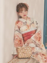 【即日発送】アプリコットピンク牡丹浴衣【浴衣３点セット 浴衣/帯/下駄】[OF04/HC03]