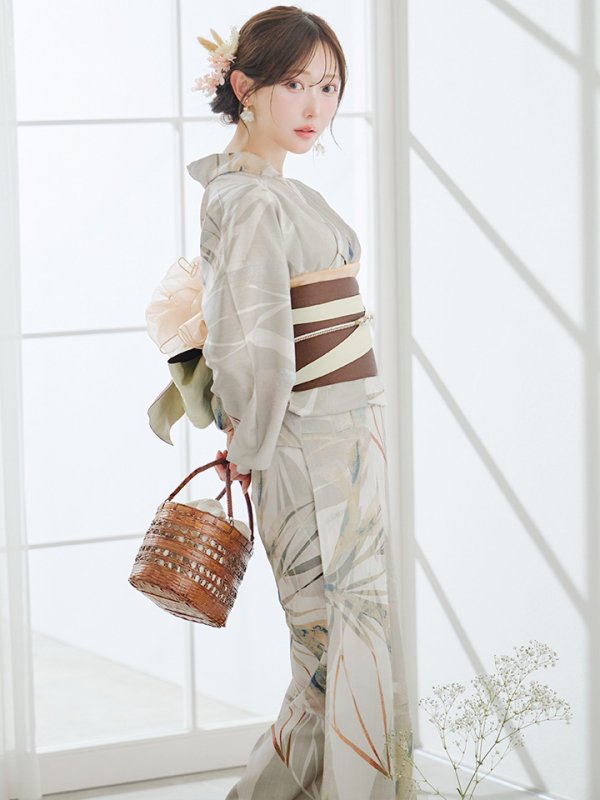 画像3: 【即日発送】ヘルシーリーフ柄ベージュ浴衣【浴衣３点セット 浴衣/帯/下駄】[YMT]