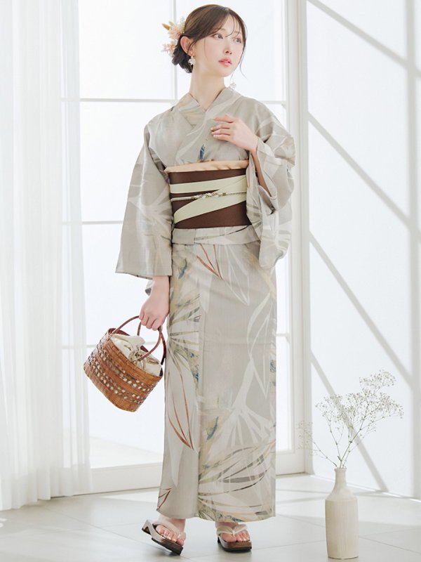 画像4: 【即日発送】ヘルシーリーフ柄ベージュ浴衣【浴衣３点セット 浴衣/帯/下駄】[YMT]