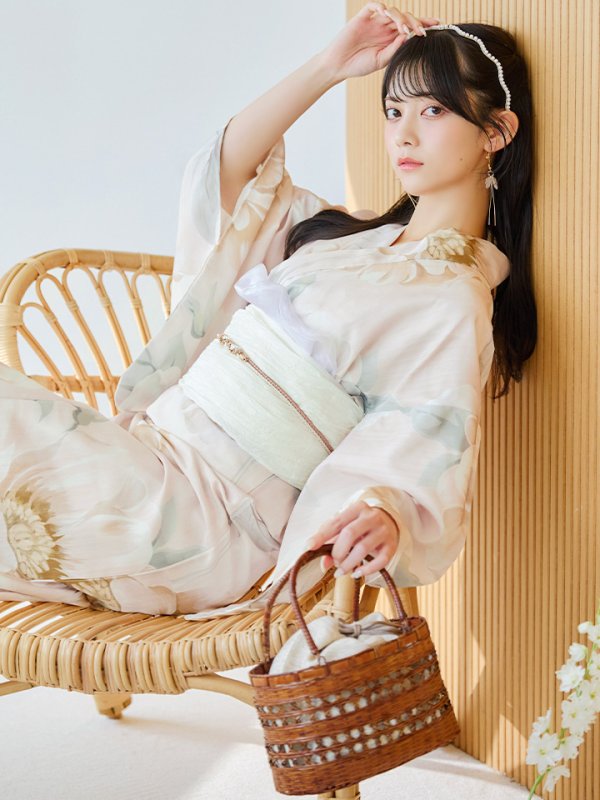 画像1: 【即日発送】クリームイエローピオニー浴衣 OBI-siwa-200-kj-13-OW / HIMO-900-yn-8-P / HEKO-800-sb-5-WH / YA-1079-kj-6-W /  GETA-01-kj-7-P/  [YMT]