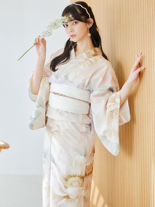画像2: 【即日発送】クリームイエローピオニー浴衣 OBI-siwa-200-kj-13-OW / HIMO-900-yn-8-P / HEKO-800-sb-5-WH / YA-1079-kj-6-W /  GETA-01-kj-7-P/  [YMT]