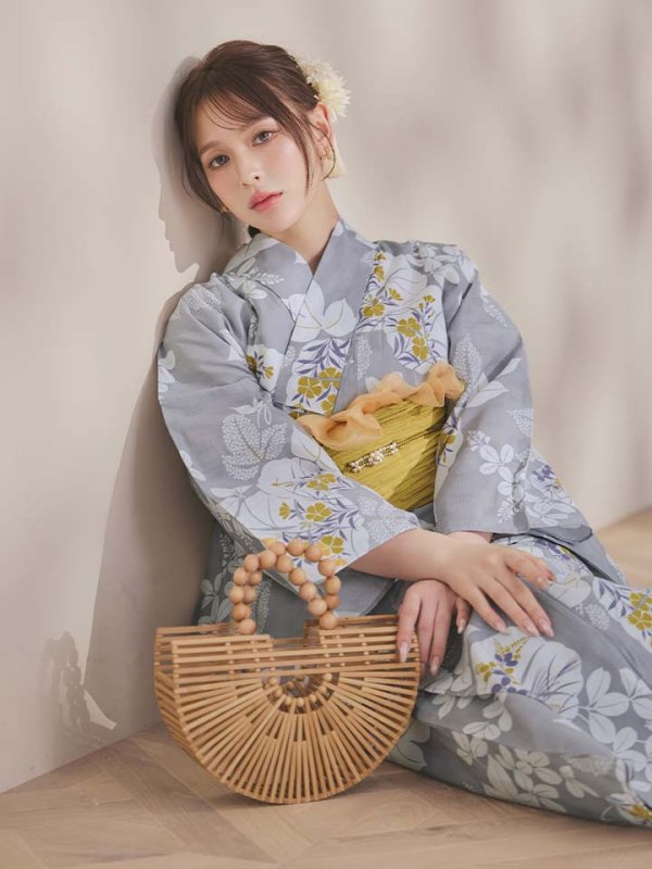 画像16: 【即日発送】グレー×フラワー浴衣【浴衣３点セット 浴衣/帯/下駄】[OF04]