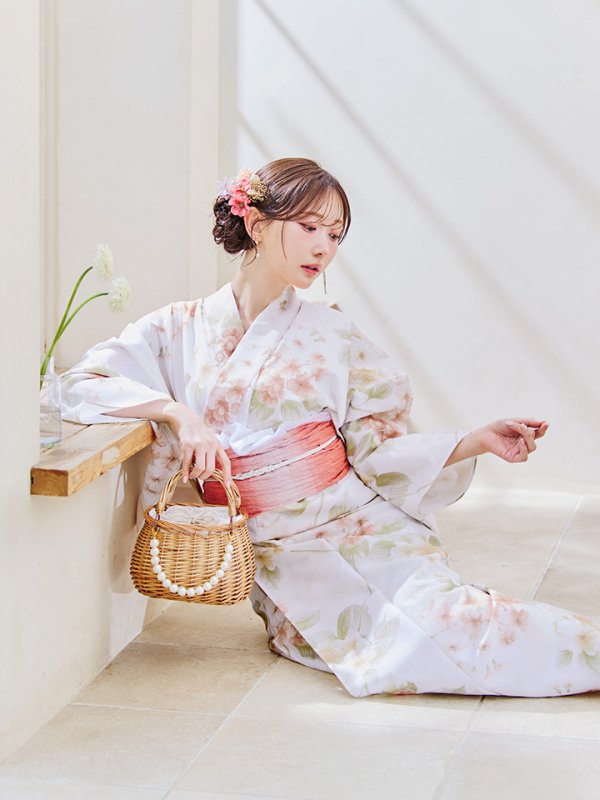 画像11: 【即日発送！】クリームイエロー×オレンジ紫陽花浴衣【浴衣３点セット 浴衣/帯/下駄】[YMT]