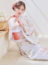 【即日発送！】クリームイエロー×オレンジ紫陽花浴衣【浴衣３点セット 浴衣/帯/下駄】OBI-g-500-kj-4-OR / HIMO-900-yn-5-IV / HEKO-800-sb-5-WH / YA-1027-wk-P / GETA-02-ok-2-IV / [YMT]