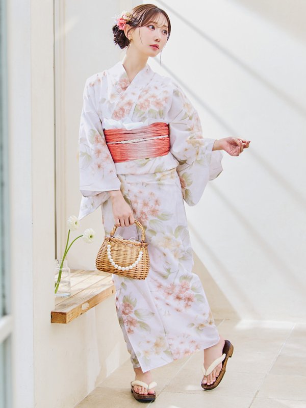 画像4: 【即日発送！】クリームイエロー×オレンジ紫陽花浴衣【浴衣３点セット 浴衣/帯/下駄】[YMT]