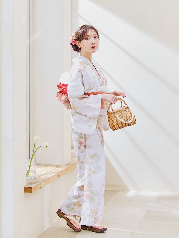 画像5: 【即日発送！】クリームイエロー×オレンジ紫陽花浴衣【浴衣３点セット 浴衣/帯/下駄】[YMT]