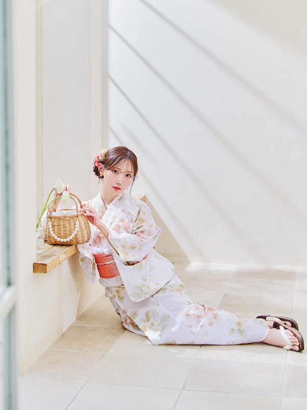 画像8: 【即日発送！】クリームイエロー×オレンジ紫陽花浴衣【浴衣３点セット 浴衣/帯/下駄】[YMT]