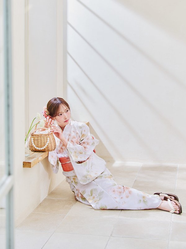 画像9: 【即日発送！】クリームイエロー×オレンジ紫陽花浴衣【浴衣３点セット 浴衣/帯/下駄】[YMT]