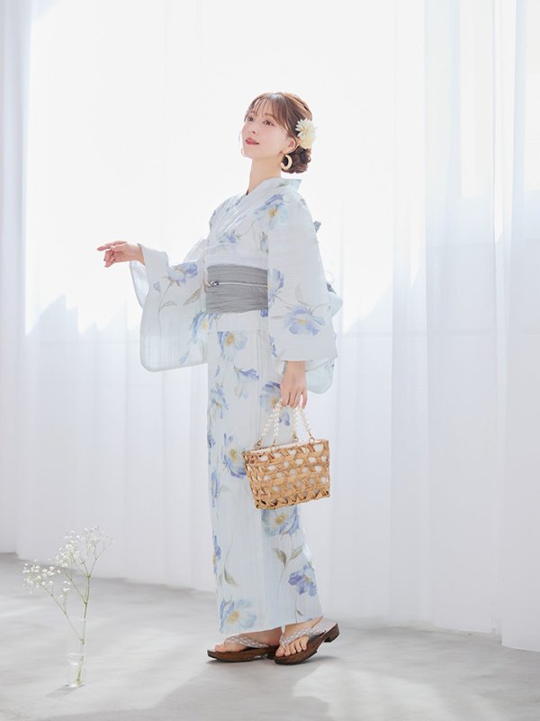 画像16: 【浴衣セール！】【即日発送】 ホワイト×アイシーフラワー浴衣【浴衣３点セット 浴衣/帯/下駄】[/YMT]