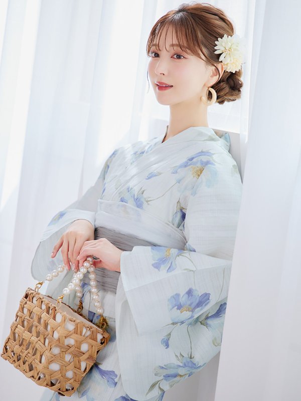 画像2: 【即日発送】 ホワイト×アイシーフラワー浴衣【浴衣３点セット 浴衣/帯/下駄】 OBI-siwa-202-ok-8-GY / HIMO-900-yn-4-GYxGY / HEKO-800-sb-5-W / YA-1023-wk-IV / GETA-02-ok-4-MOC/ [/YMT]