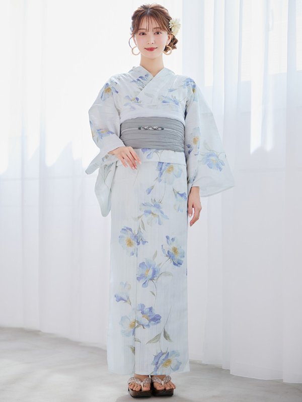 画像4: 【浴衣セール！】【即日発送】 ホワイト×アイシーフラワー浴衣【浴衣３点セット 浴衣/帯/下駄】[/YMT]