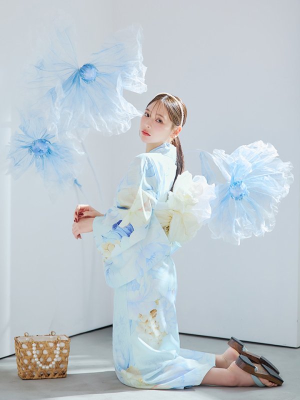 画像10: 【即日発送】ベビーブルー牡丹＆紫陽花浴衣【浴衣３点セット 浴衣/帯/下駄】[YMT]