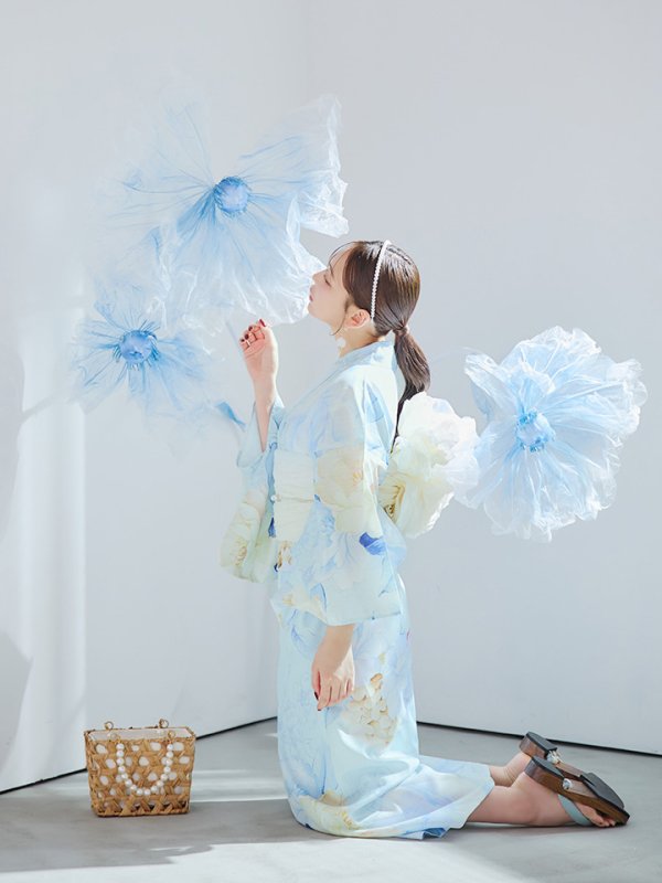 画像12: 【即日発送】ベビーブルー牡丹＆紫陽花浴衣【浴衣３点セット 浴衣/帯/下駄】[YMT]