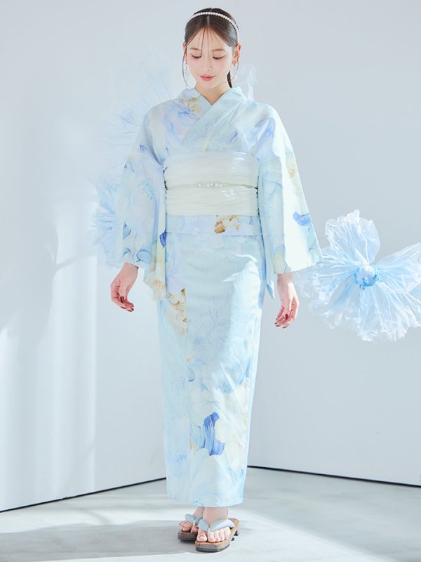 画像4: 【即日発送】ベビーブルー牡丹＆紫陽花浴衣【浴衣３点セット 浴衣/帯/下駄】[YMT]