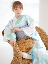 【予約 / 5月中旬発送予定】大柄アイシーミントフラワー浴衣 OBI-g-500-kj-8-GY / HIMO-900-yn-5-IV / HEKO-800-sb-10-LBL / YA-1082-kj-W / GETA-01-kj-2-BL/ [y/YMT]