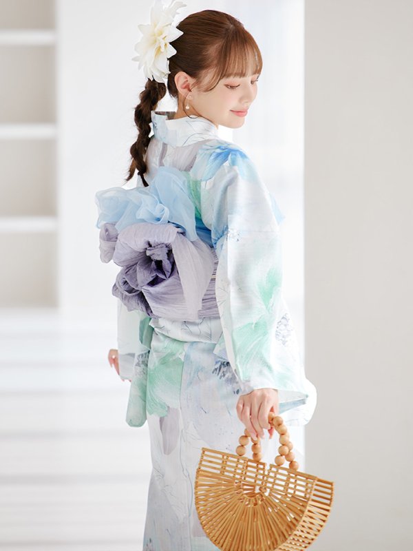 画像2: 【予約 / 5月中旬発送予定】大柄アイシーミントフラワー浴衣 OBI-g-500-kj-8-GY / HIMO-900-yn-5-IV / HEKO-800-sb-10-LBL / YA-1082-kj-W / GETA-01-kj-2-BL/ [y/YMT]