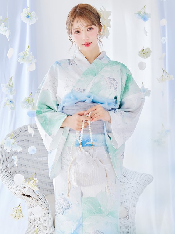 画像2: 【予約 / 5月中旬発送予定】大柄アイシーミントフラワー浴衣 OBI-g-500-kj-8-GY / HIMO-900-yn-5-IV / HEKO-800-sb-10-LBL / YA-1082-kj-W / GETA-01-kj-2-BL/ [y/YMT]