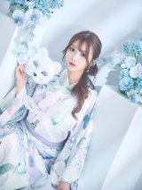 シャーベット水彩紫陽花浴衣【浴衣３点セット 浴衣/帯/下駄】OBI-g-500-kj-8-GY / HIMO-900-yn-3-GYxGD / HEKO-800-sb-5-W / GETA-01-kj-3-IV/ [YMT]