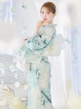 【予約 / 5月中旬発送予定】洋モダンミントグリーン浴衣 OBI-siwa-200-kj-13-OW / HIMO-900-yn-5-IV / HEKO-800-sb-5-W / YA-1069-kn-W / GETA-01-kj-3-IV/ [y/YMT]