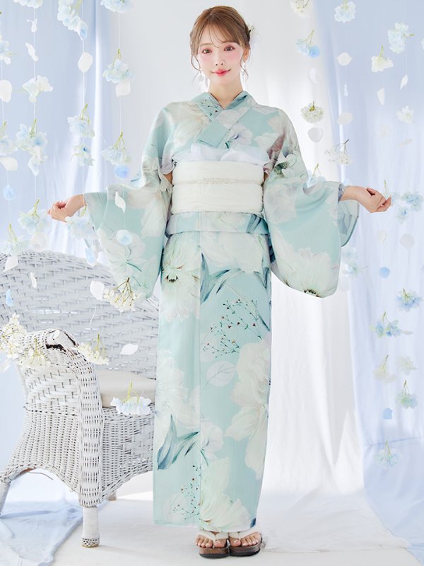 画像4: 【即日発送】洋モダンミントグリーン浴衣【浴衣３点セット 浴衣/帯/下駄】[YMT]