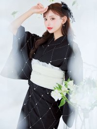 【予約 / 5月下旬発送予定】アーガイルビジュー浴衣 OBI-siwa-204-wk-12-OW / HIMO-906-yn-PEARL / HEKO-800-sb-5-W / YA-1080-kj-B / GETA-01-kj-1-B/ [yo/YMT]
