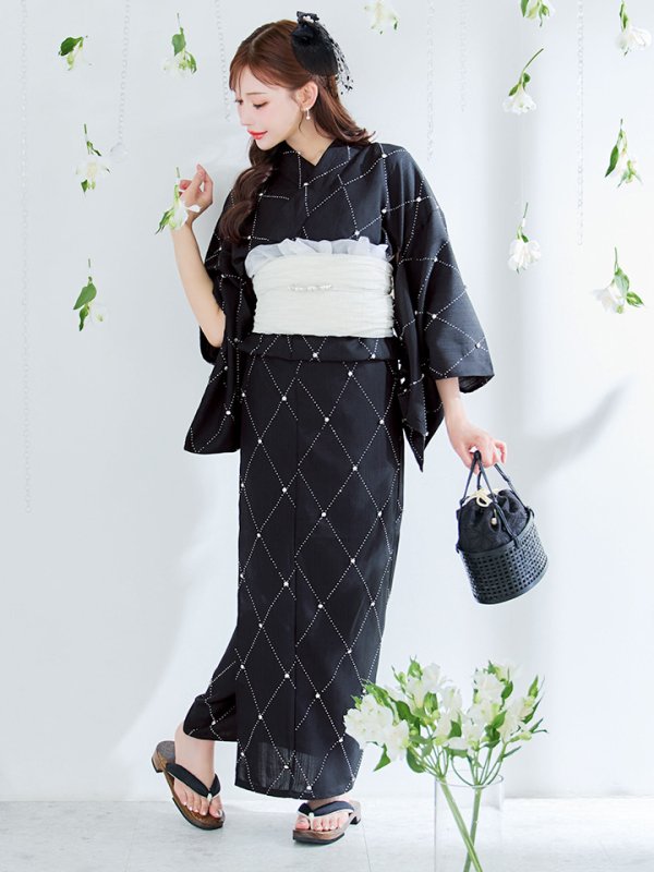 画像4: 【即日発送】アーガイルビジュー浴衣【浴衣３点セット 浴衣/帯/下駄】[YMT]