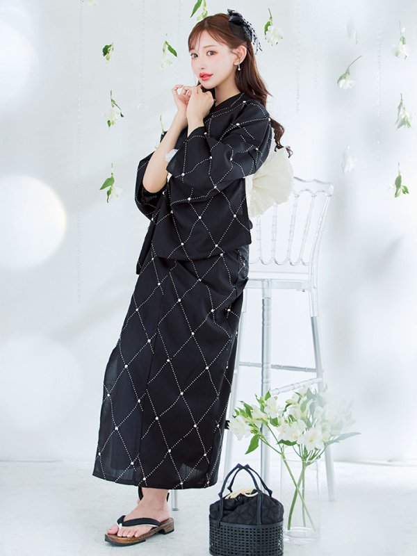 画像9: 【即日発送】アーガイルビジュー浴衣【浴衣３点セット 浴衣/帯/下駄】[YMT]