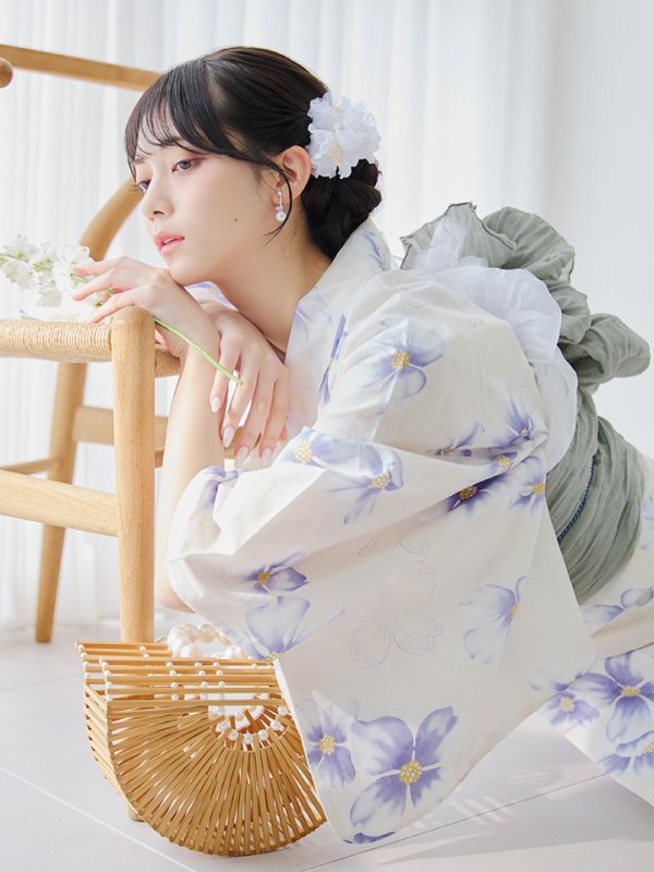 画像1: 【予約 / 5月中旬発送予定】紫の花揺蕩う浴衣 OBI-siwa-204-wk-11-LGY / HIMO-900-yn-2-DusBL / HEKO-800-sb-5-W / YA-1068-kn-W / GETA-01-kj-2-BL/ [/OF01]