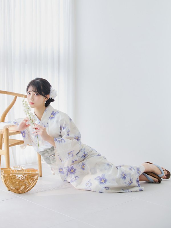 画像2: 【予約 / 5月中旬発送予定】紫の花揺蕩う浴衣 OBI-siwa-204-wk-11-LGY / HIMO-900-yn-2-DusBL / HEKO-800-sb-5-W / YA-1068-kn-W / GETA-01-kj-2-BL/ [/OF01]