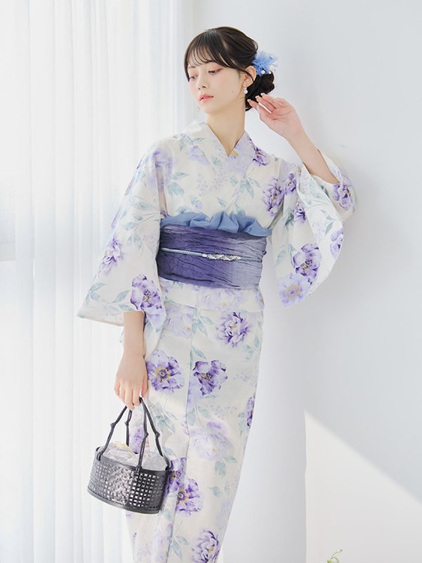 画像10: 【即日発送】水彩紫牡丹柄浴衣【浴衣３点セット 浴衣/帯/下駄】[YMT]