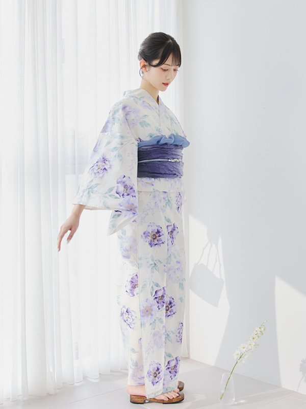 画像12: 【即日発送】水彩紫牡丹柄浴衣【浴衣３点セット 浴衣/帯/下駄】[YMT]