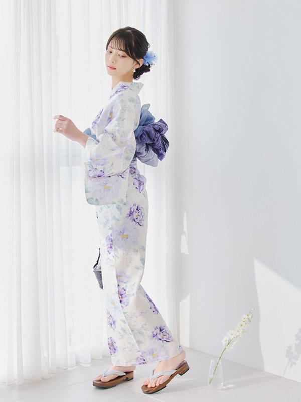 画像13: 【即日発送】水彩紫牡丹柄浴衣【浴衣３点セット 浴衣/帯/下駄】[YMT]