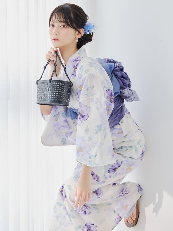 画像1: 【予約 / 5月中旬発送予定】水彩紫牡丹柄浴衣 OBI-g-500-kj-9-NV / HIMO-900-yn-2-DusBL / HEKO-800-sb-8-DusBL / YA-1067-kn-BL / GETA-01-kj-2-BL/ [y/OF01]