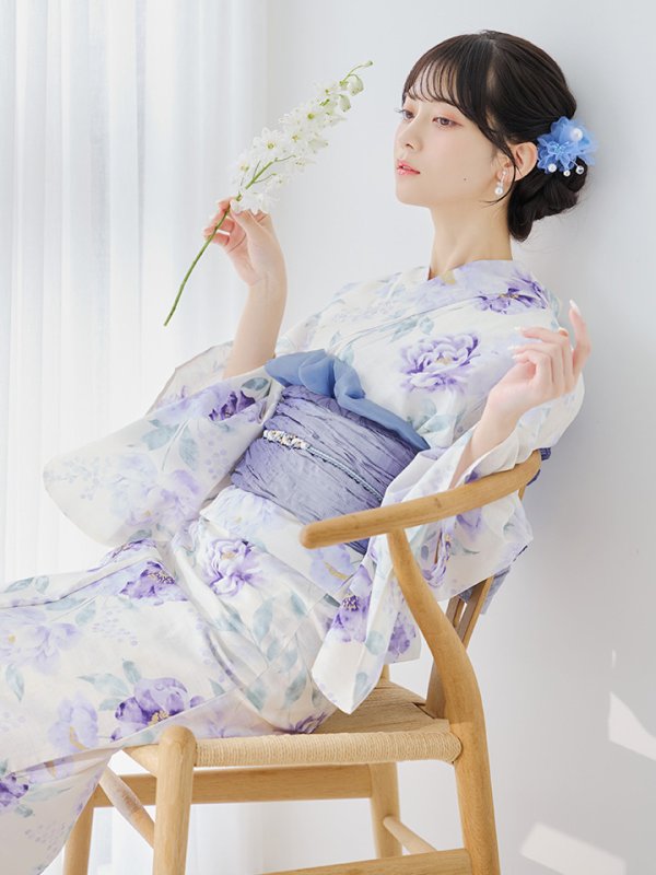 画像5: 【即日発送】水彩紫牡丹柄浴衣【浴衣３点セット 浴衣/帯/下駄】[YMT]