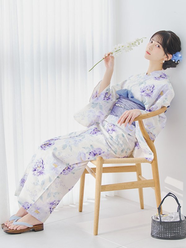 画像7: 【即日発送】水彩紫牡丹柄浴衣【浴衣３点セット 浴衣/帯/下駄】[YMT]