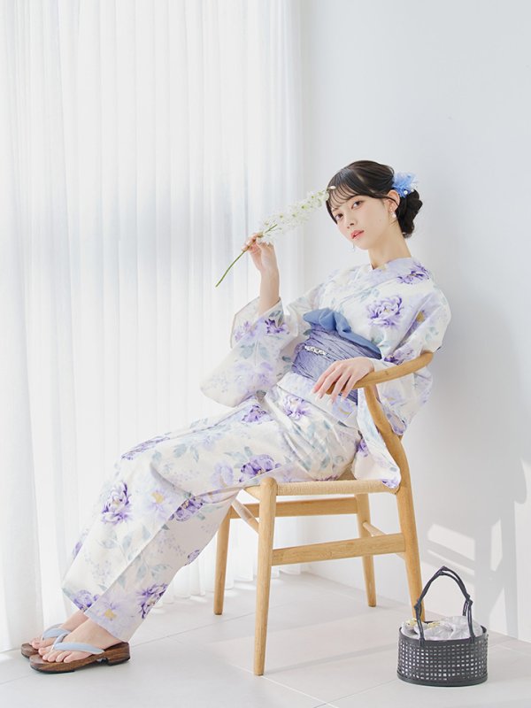 画像8: 【即日発送】水彩紫牡丹柄浴衣【浴衣３点セット 浴衣/帯/下駄】[YMT]