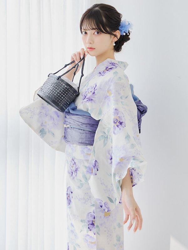 画像9: 【即日発送】水彩紫牡丹柄浴衣【浴衣３点セット 浴衣/帯/下駄】[YMT]