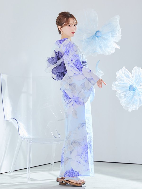 画像12: 【即日発送】アンティークブルーローズ浴衣【浴衣３点セット 浴衣/帯/下駄】[YMT]