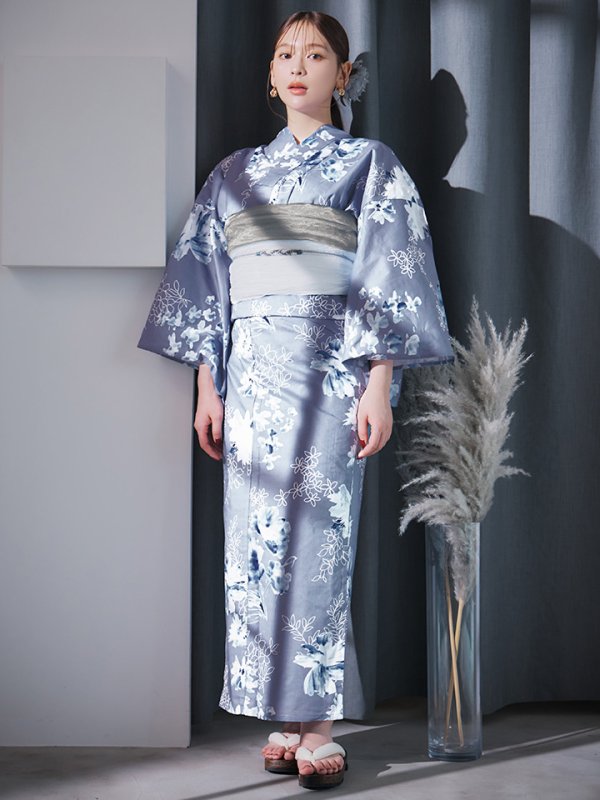 画像4: 【即日発送】グレイ×モードフラワー浴衣【浴衣３点セット 浴衣/帯/下駄】[YMT]