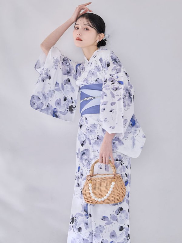 画像9: 【即日発送】水墨ニュアンスフラワー浴衣【浴衣３点セット 浴衣/帯/下駄】[OF04/HC03]