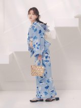 【即日発送】くすみブルー水彩花柄浴衣【浴衣３点セット 浴衣/帯/下駄】[OF04/HC03]