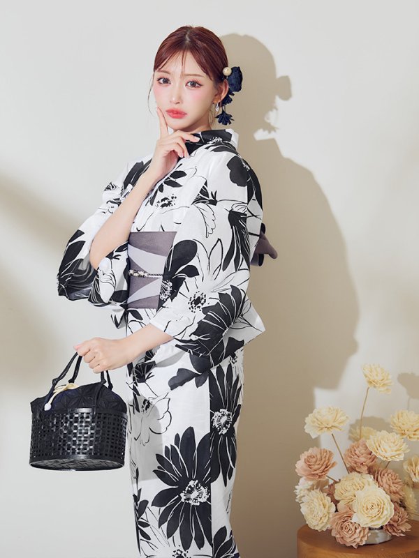 画像11: 【即日発送】モノトーンフラワーレトロモダン浴衣【浴衣３点セット 浴衣/帯/下駄】[YMT]