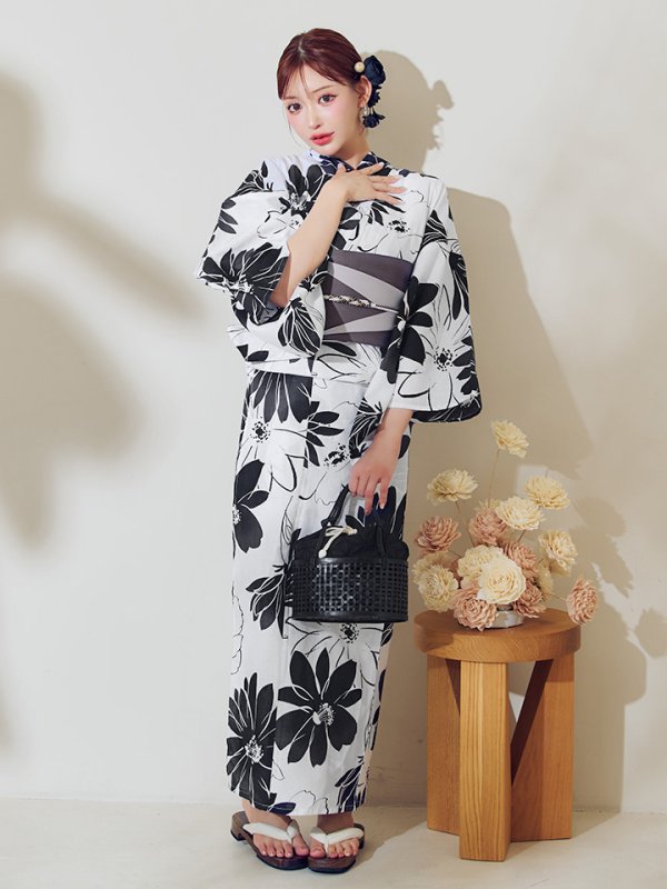 画像14: 【即日発送】モノトーンフラワーレトロモダン浴衣【浴衣３点セット 浴衣/帯/下駄】[YMT]