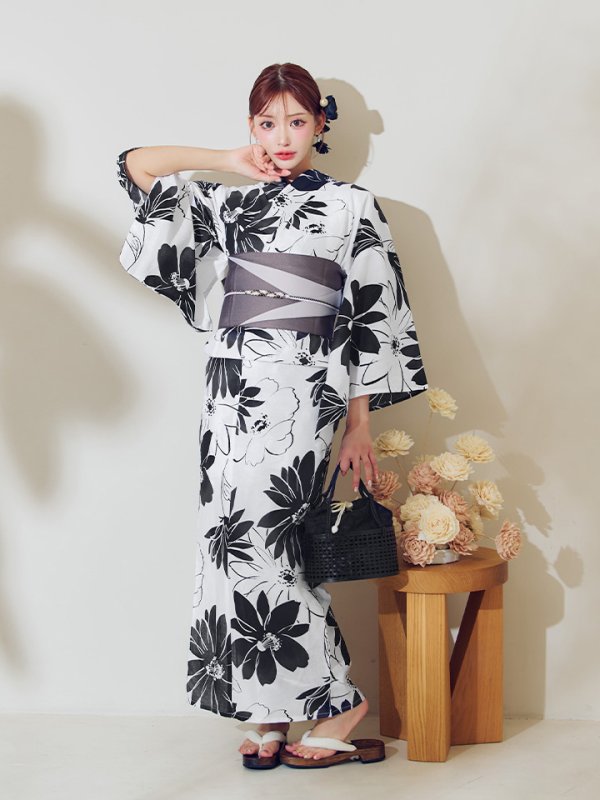 画像16: 【即日発送】モノトーンフラワーレトロモダン浴衣【浴衣３点セット 浴衣/帯/下駄】[YMT]
