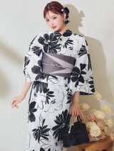 モノトーンフラワーレトロモダン浴衣 OBI-hira-100-ok-5-GYxSV / HIMO-900-yn-1-B / HEKO-800-sb-5-W / YA-1086-wk-B / GETA-01-kj-3-IV/ [YMT]