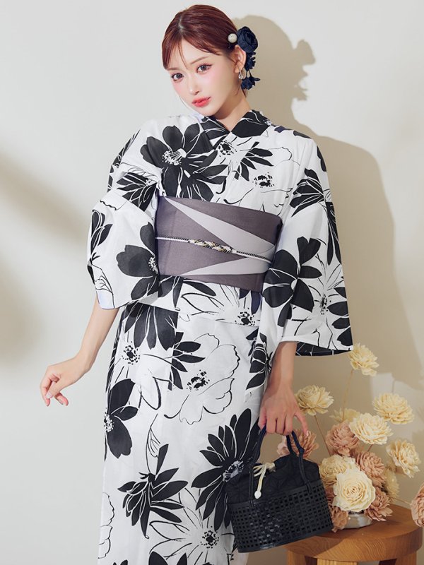 画像1: モノトーンフラワーレトロモダン浴衣 OBI-hira-100-ok-5-GYxSV / HIMO-900-yn-1-B / HEKO-800-sb-5-W / YA-1086-wk-B / GETA-01-kj-3-IV/ [YMT]