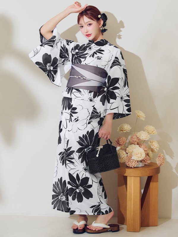 画像4: 【即日発送】モノトーンフラワーレトロモダン浴衣【浴衣３点セット 浴衣/帯/下駄】[YMT]